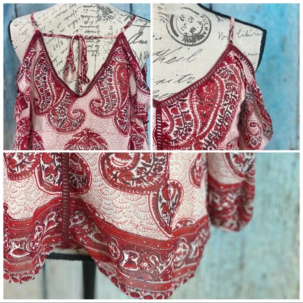 Anthropologie NWT Skies Are Blue Wine Paisley Lattice Cold Shoulder Top